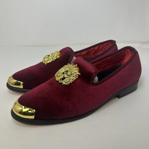 Erphpre Paul Men's Luxury Velvet‎ Loafers – Burgundy/Gold – Size 7 Gold Lion NIB